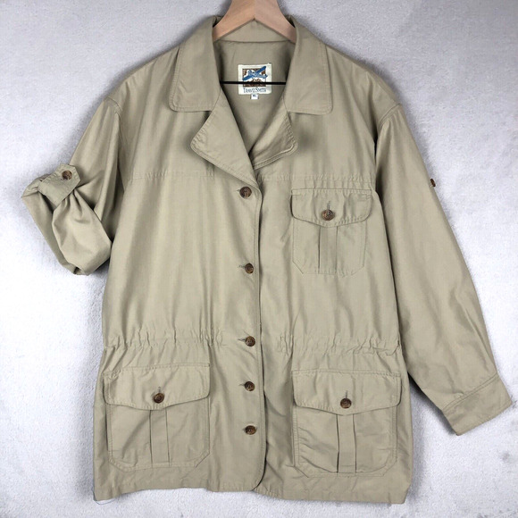 TRAVELSMITH Khaki Safari Cargo Jacket Women's Sz XL Beige Roll Tab Twill Pockets - Picture 1 of 13